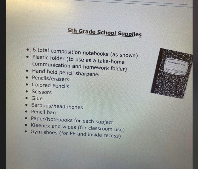Supply List 5th Grade